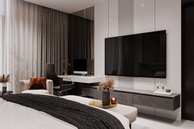 Modern yatak odası, rahat bir yatak odası ve monte edilmiş TV.