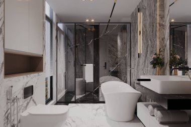 Mermer zeminli, beyaz tonlarda geniş bir banyo.