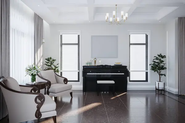 the interior design of the modern hallway, two stylish chairs, piano and white paint