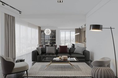 Minimalist dekorasyonlu oturma odası ve kiralık bir dairede gri kanepe..