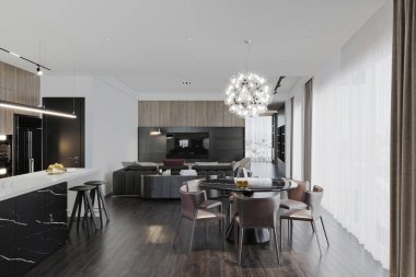 Modern bir daire, masa ve sandalyeli yemek odası, kanepeli oturma odası, salon.