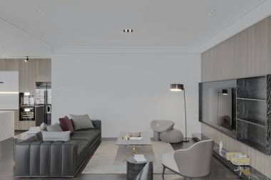 Modern oturma odasının İskandinav ev tasarımı.