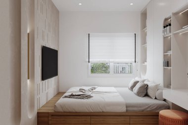 Yatak odası manzarası, yatak odası, tavanda büyük bir pencere, yatak başları, perdeler.