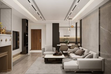 Bir apartmanın oturma odasının Avrupa iç tasarımı, sıcak renkler, kahverengi bej yumuşak renkler..