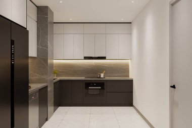 Beyaz duvarları ve parlak lamba ile modern tarzda büyük mutfak