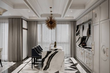 Mobilyalı ve aletli modern mutfağın içi.