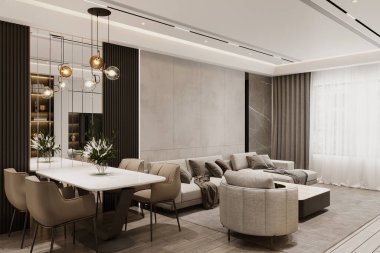 Oturma odası, yemek masası modern daireye yerleştirilmiş.