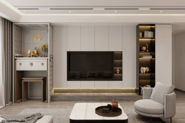 Raf üniteli modern oturma odasının minimalist iç tasarımı