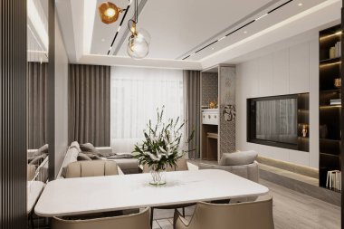 Modern daire iç tasarımı, masa ve sandalyeli yemek odası, minimalist tasarım, panorama