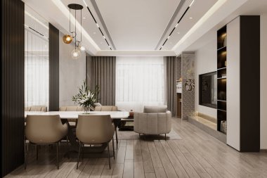 Modern apartman tasarımı, yemek odası masa ve sandalyeler, oturma alanı boyunca.