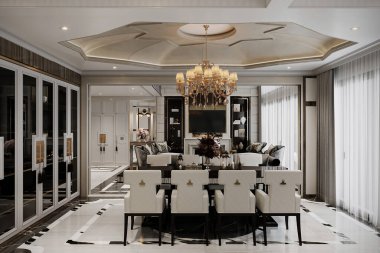 Modern lüks yemek odasında şık sandalyeler ve tavanda bir avize var.