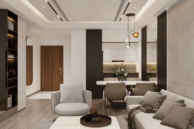 Modern lüks güzel oturma odası iç tasarım, yemek odası ve kiler salonu sahnesi.