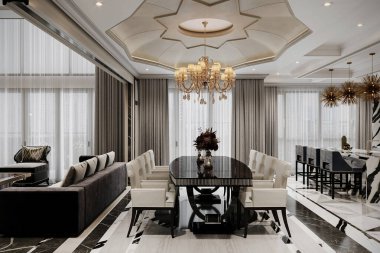 Yemek odası modern bir masa ile tasarlandı. Oturma odasında döşenmiş yemek sandalyeleri var.