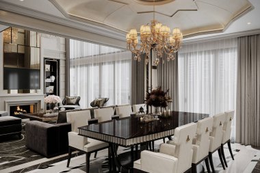 Yemek odasının geniş açılı görüntüsü İngiliz tarzında, yemek setleriyle, güneş ışığı pencerelerden yansıyor..