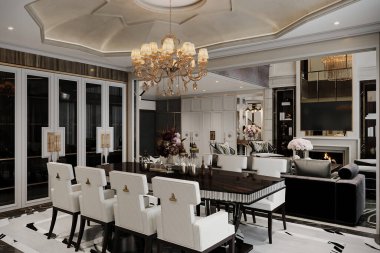 Yemek odasının geniş açılı görüntüsü İngiliz tarzında.