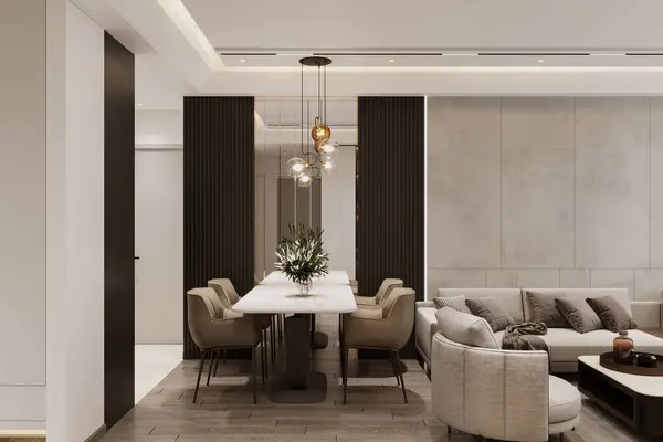 stock image residential living room interiors, in the style of dark white and dark beige, through the dining area