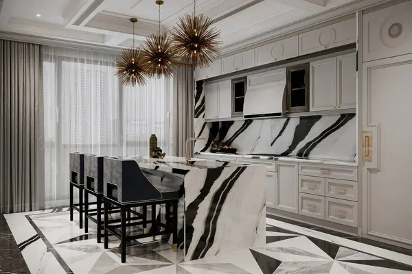 Cette Nouvelle Maison Luxe Style Ferme Dispose Une Cuisine Luxe — Photo