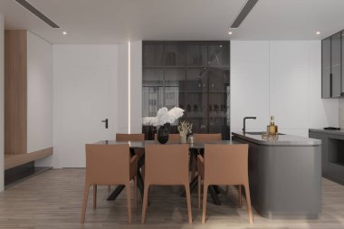 Gri ve beyaz tonlarda modern mutfak. Akşam yemeğinde kahverengi sandalyeli 6 kişi için mermer yemek masası.