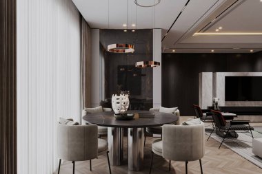 Minimalist estetik, tasarımcı aydınlatmalı şık bir yemek odası ve doğal ve metalik bitişlerin karışımı.