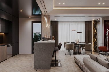 Bir adası olan modern mutfak alanı.