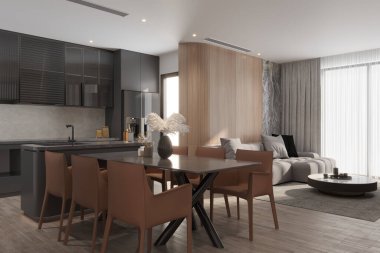 İskandinav ve orta yüzyıl tarzlarını harmanlayan çağdaş bir oturma odasının geniş açı görüntüsü