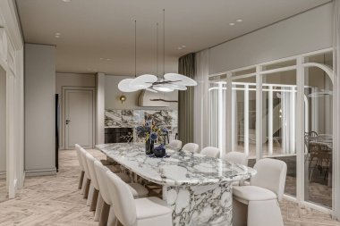 Modern bir açık konsept apartmanda 3D yemek odası özellikleri