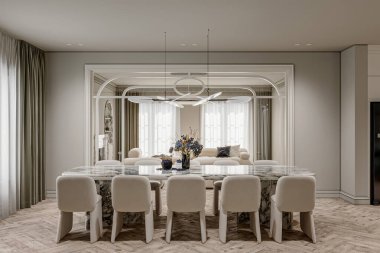 Nötr renk paleti ve gösterişli tasarımı olan minimalist bir yemek odası.