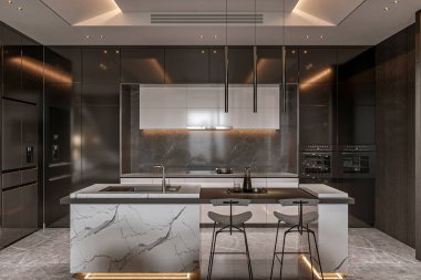 Parlak dolapları olan tek renkli modern bir mutfak, geri sıçrama ve minimalist bir dekor.