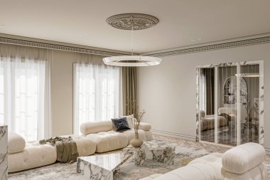 Güzel bir daire tasarımı, modern oda iç mimarisi, oturma odası minimalist tarzda modellenir.