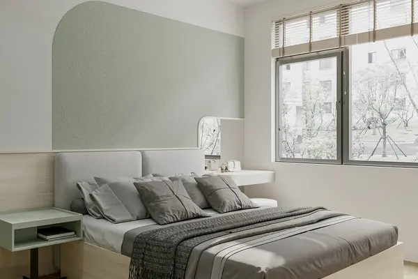 Chambre Dans Des Tons Gris Clair Vert Dans Appartement Moderne — Photo