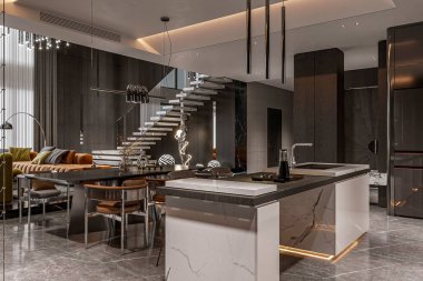 Kırsal ve Modern Büyüleyici Mutfağın Büyüleyici Uyumu Çevre Işığıyla Yıkanıyor