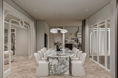 Yemek Odası İç Tasarımı Mermer aksanlı masa ve sandalyeli şık bir alan yaratıyor