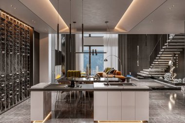 Modern açık konsept mutfaktaki Büyük Soyut Minimalist Geometrik Kompozisyon