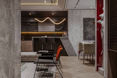 Mutfak ve yemek boyunca oturma odası olan modern bir daire.