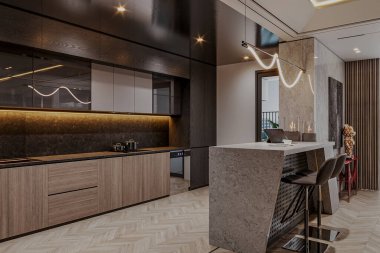 Modern koyu ahşap mutfak iç sağlık tasarımı ve yumuşak ton, ada, tabure.