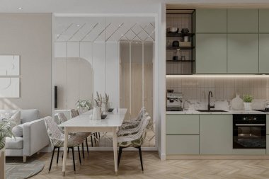 Yeni bir evin modern iç mimarisi, oturma odası ve mutfak vasıtasıyla yemek.