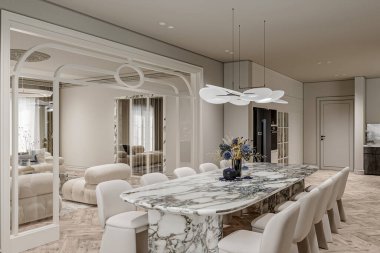 Modern mutfağın yanında güzel bir yemek masası ve sandalyeleri olan geniş bir yemek odası tasarımı.