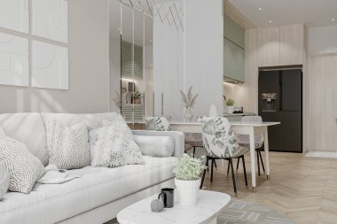 Çok yönlü iç mekan, modern, düzgün düzenlenmiş bir yaşam alanında boş bir tuval içeriyor.