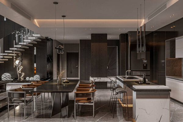 The gourmet kitchen of this contemporary mountain residence, which combines contemporary dining room