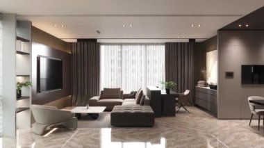 Oturma odasından mutfağa kadar 4k animasyon video turu çağdaş iç tasarımı sergiliyor. 3d görselleştirme