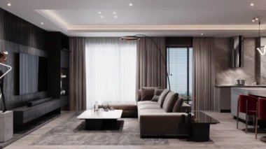 Oturma odasından yemek ve mutfağa kadar 4K animasyon kısa makarası. Modern dairenin çağdaş iç tasarımı. 3d görselleştirme