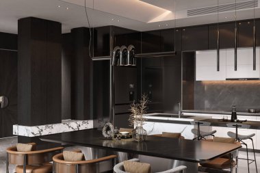 Modern yemek, mutfak, güzel ışık, renk şeması, aile yemek masası.