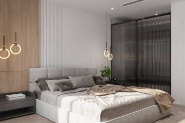Temiz çizgileri ve minimalist dekorları olan çağdaş bir yatak odası. Gün ışığı