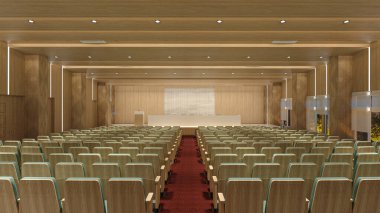 Konferans salonunun boş sandalyeli 3D canlandırması, iç tasarım konsepti