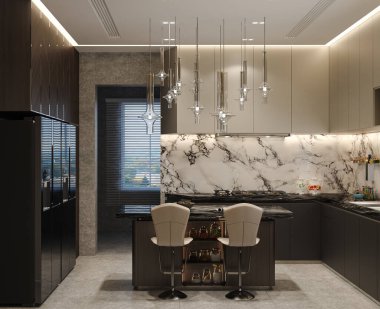 Dolapları, beyaz duvarları ve mermer tezgahları olan modern bir mutfak..