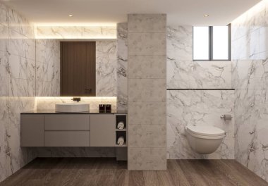 Tuvaletli banyo, lavabolu dolap, ayna ve tüp.