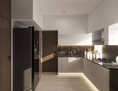 Mermer tezgahları ve paslanmaz çelik aletleri olan modern mutfak.