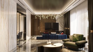 Lüks minimalist mobilyaları kullanarak bir villada modern oturma odası iç tasarımı..