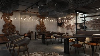 Restoranın rahat ahşap iç kısmı bir kopya alanı. Rahat modern yemek yeri ve ışıklandırma.