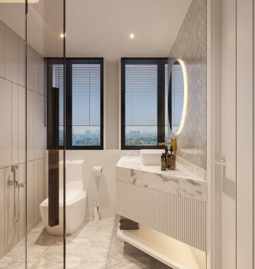 3 boyutlu görüntüleme. Lüks banyo içi. Köşede bir duş kabini.